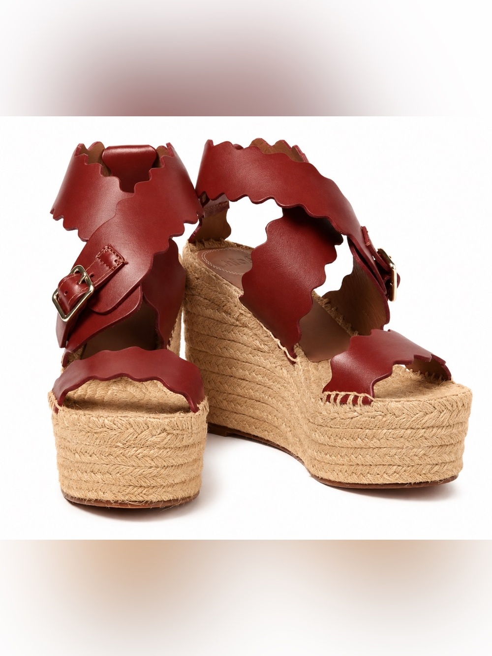 CHLOE’ Lauren Platform Espadrille Wedge Sandals Rust Scalloped Leather Heels - Picture 7 of 10